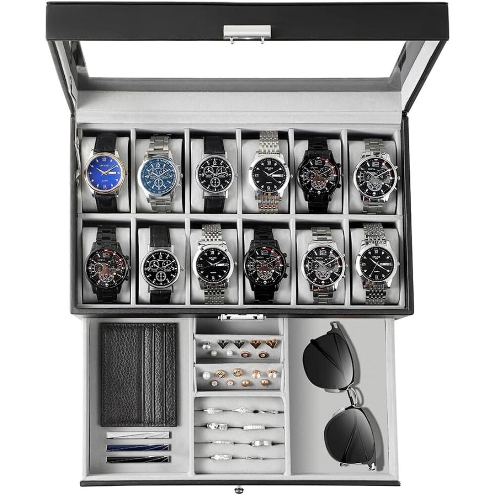 Watch Box 12 Slot Watch Display Organizer Leather Jewelry Case Drawer Glass Birt